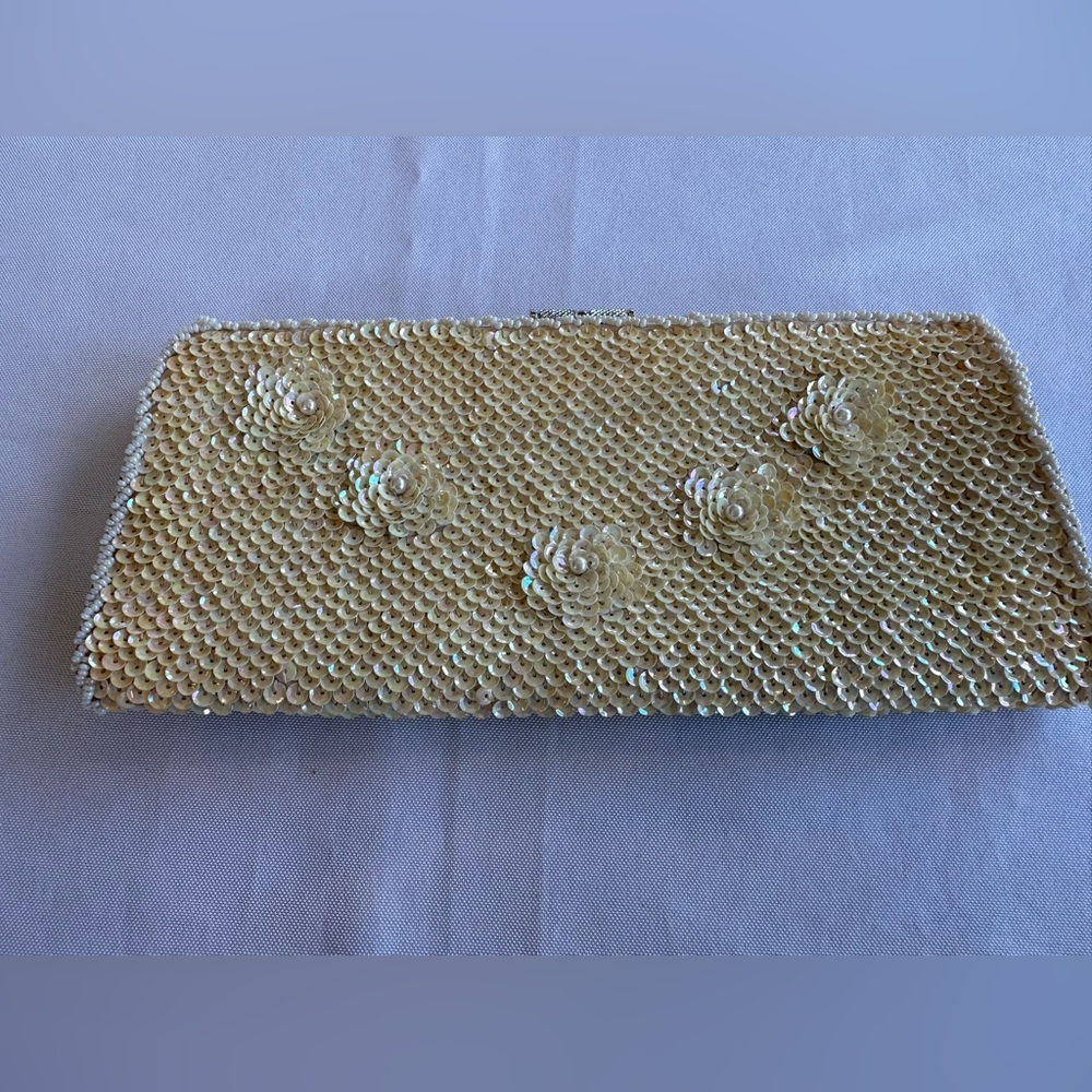 Vintage Cream Sequin Beaded Floral Kisslock Clutch with Mirror